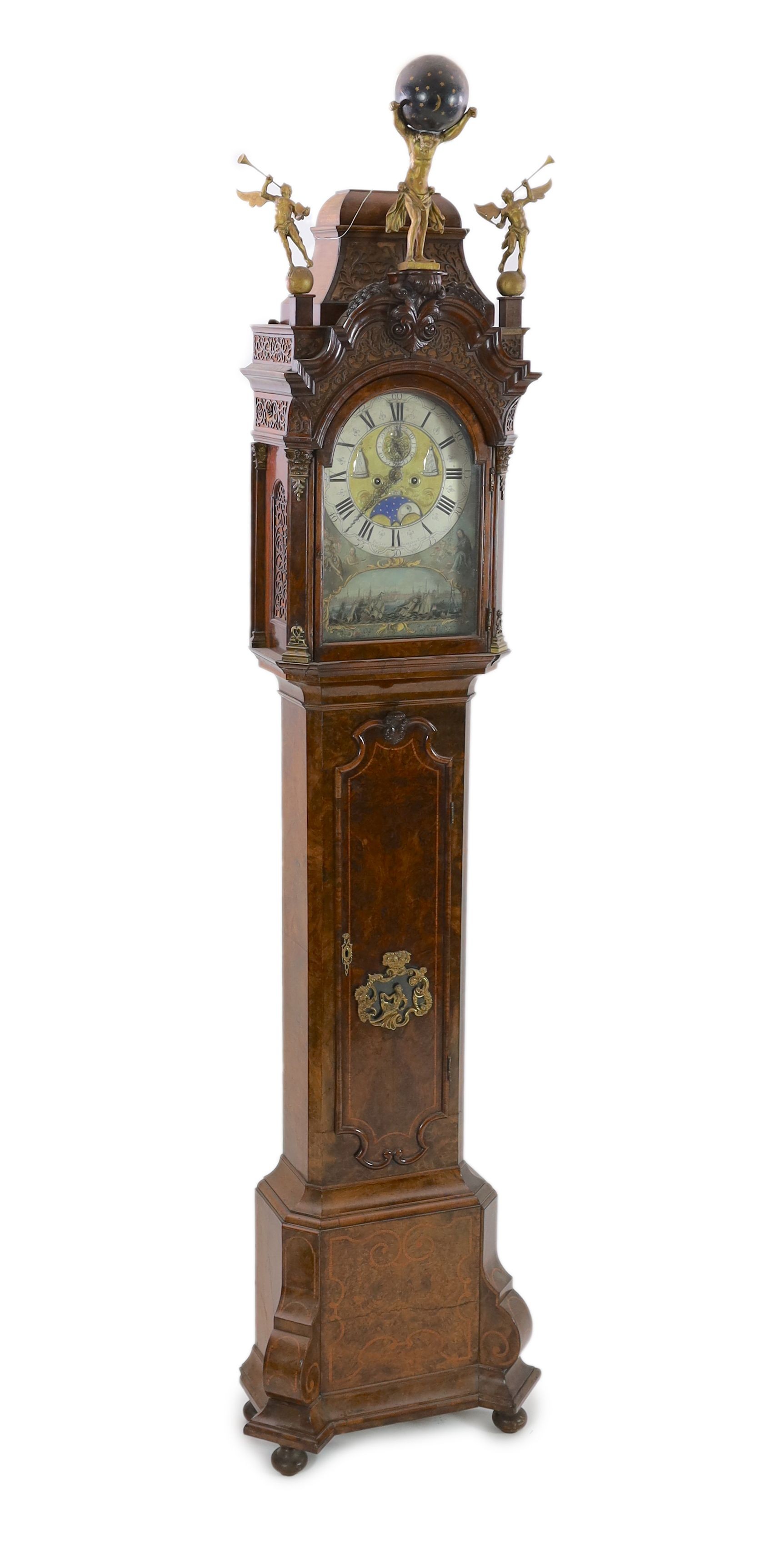 Paulus Bramer En Zoon of Amsterdam. An 18th century Dutch walnut repeating 8-day alarum longcase clock H.275cm. W. 68cm.